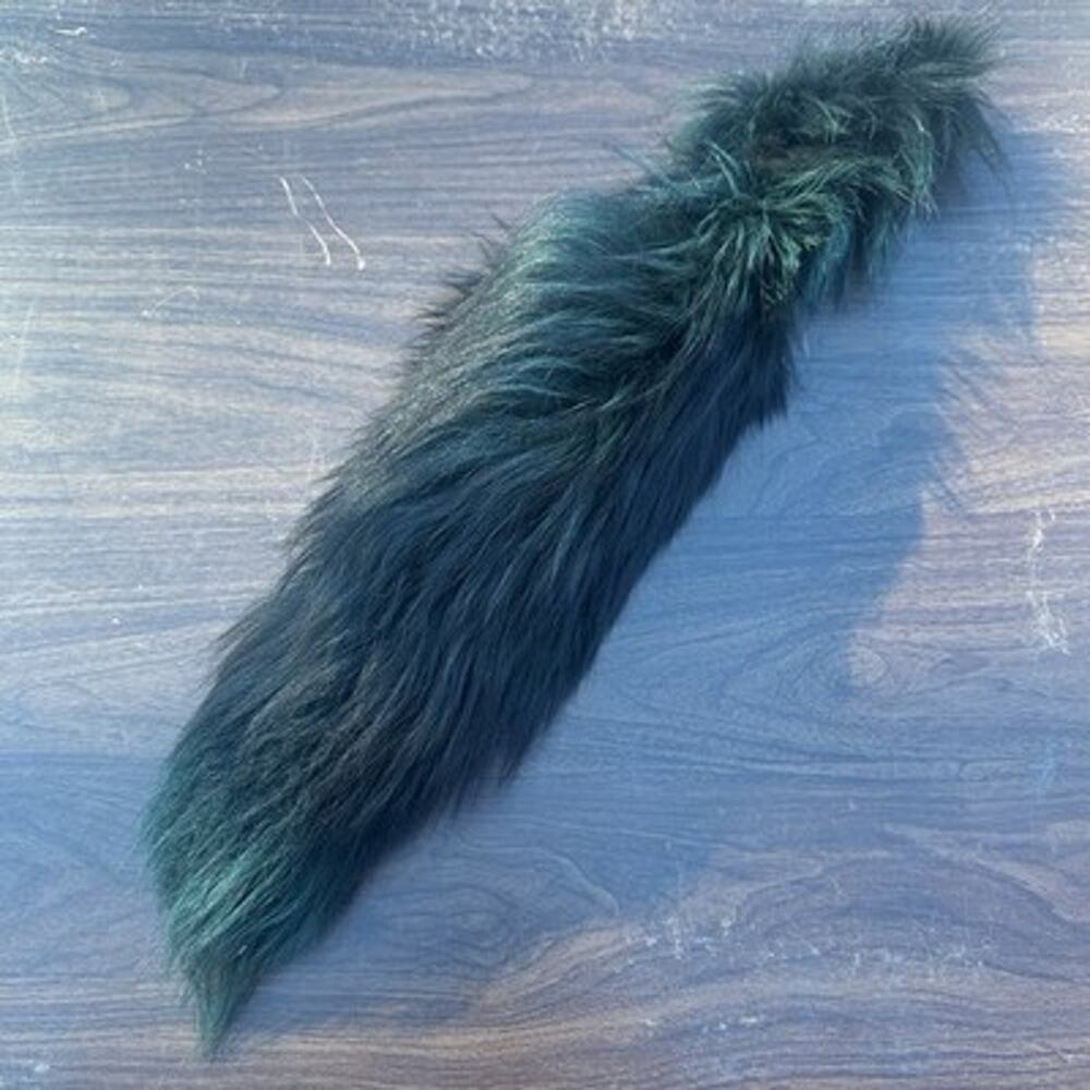 Fox Fur Tail Keychain Black Teal Tips 16 in Fluffy Soft